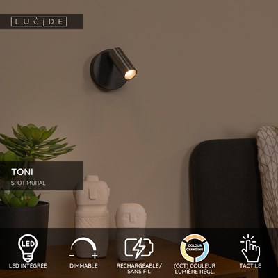 Lucide TONI - Spot mural / Applique mural Rechargeable - Batterie/Piles - Ø 8,1 cm - LED Dim. - CCT - 1x2W 2700K/4000K - Magnétique - Fer gris